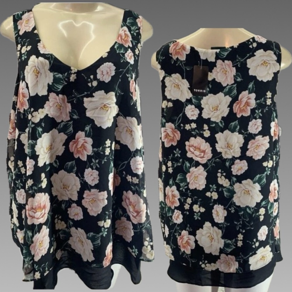 Torrid L Black Floral Chiffon Double Layer Tank Top V-Neckline Relaxed Fit